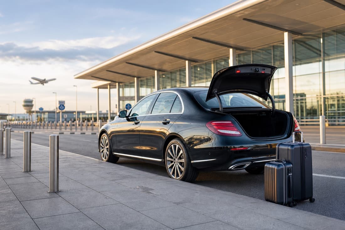 Black car waiting outside an airport terminal
