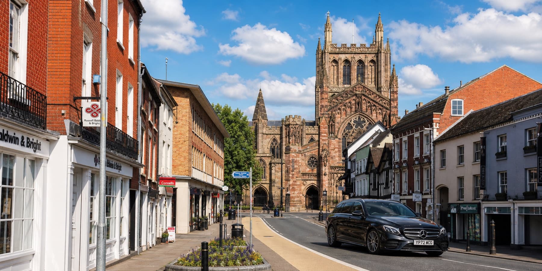 Hereford Cathedral street scene with a local taxi in daylight